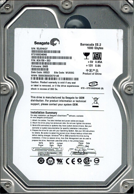 Seagate ST31000340NS P/N: 9CA158-303 F/W: SN05 1TB WUXISG