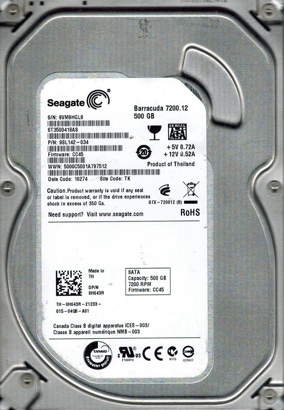 Seagate ST3500418AS P/N: 9SL142-034 F/W: CC45 500GB TK