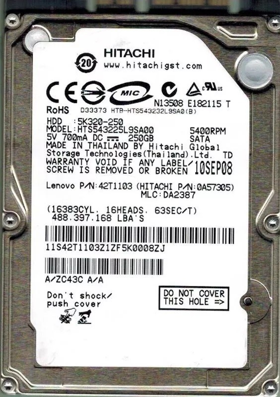 HITACHI HTS543225L9SA00 250GB P/N: 0A57305 MLC: DA2387