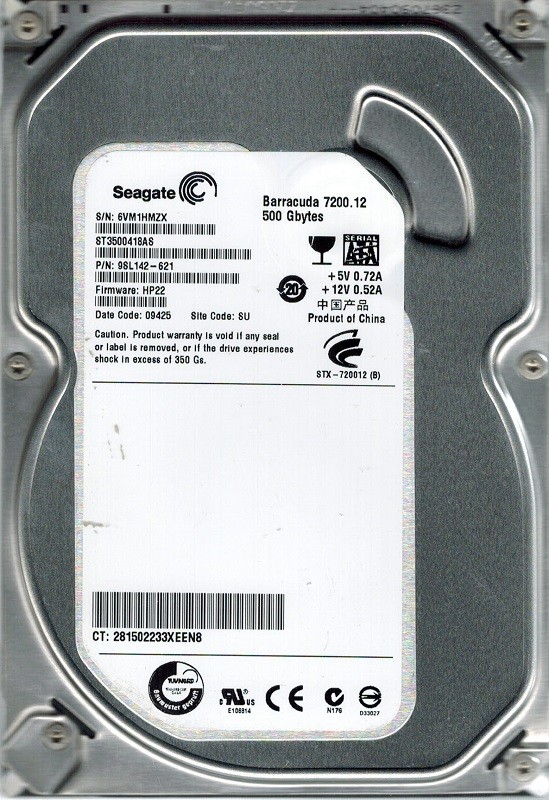 Seagate ST3500418AS F/W: HP22 P/N: 9SL142-621 500GB SU
