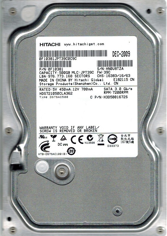 Hitachi HDS721050CLA362 P/N: 0F10381 MLC: JPT39C 500GB