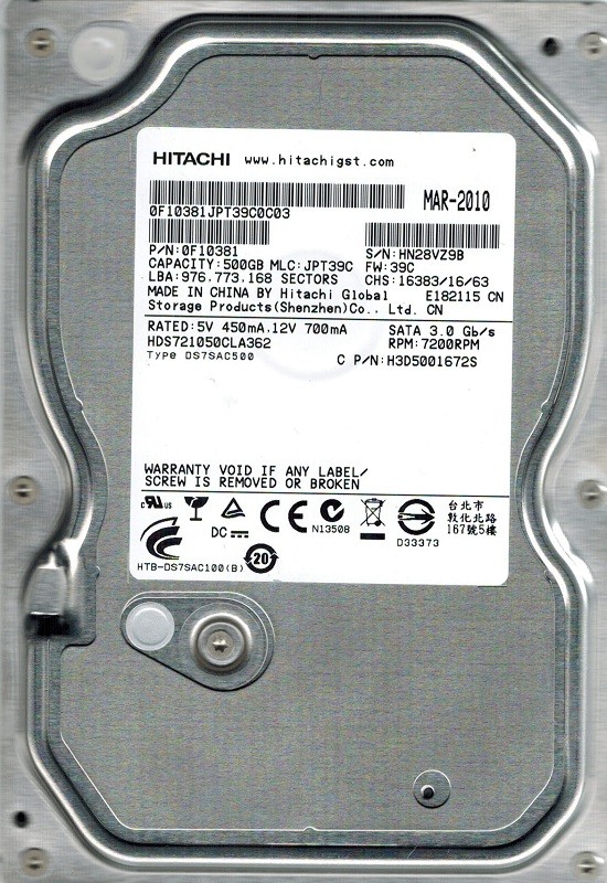 HDS721050CLA362 Hitachi MLC: JPT39C P/N: 0F10381 500GB