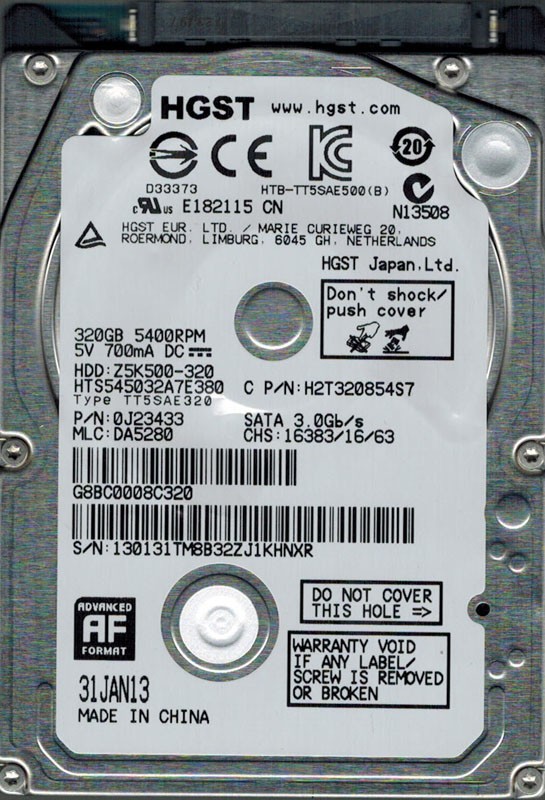 Hitachi HTS545032A7E380 P/N: 0J23433 MLC: DA5280 320GB 