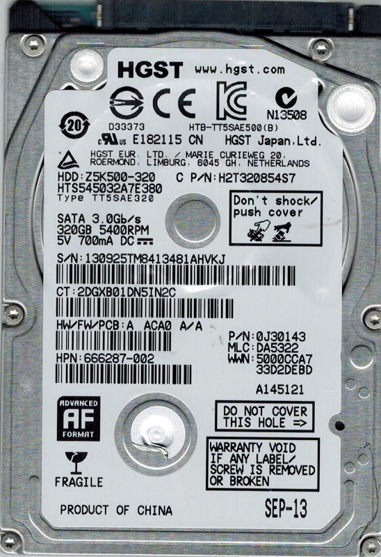 Hitachi HTS545032A7E380 P/N: 0J30143 MLC: DA5322 320GB 