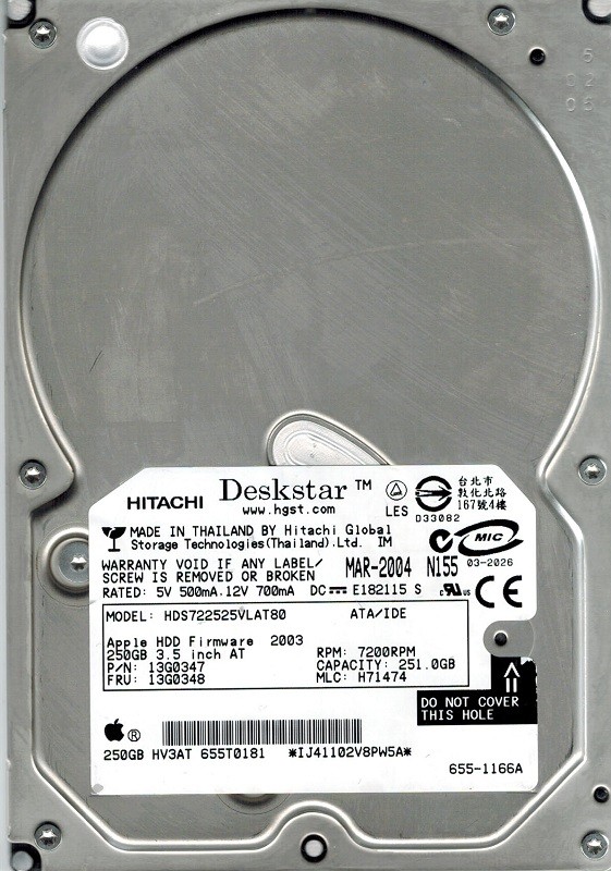 Hitachi HDS722525VLAT80 P/N: 13G0347 MLC: H71474 250GB Apple MAC