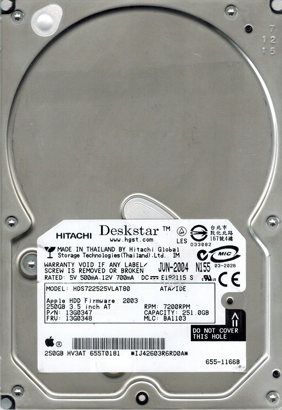 Hitachi HDS722525VLAT80 P/N: 13G0347 MLC: BA1103 250GB Apple MAC