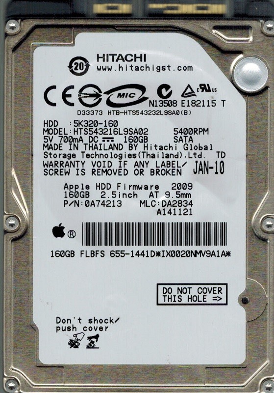 Hitachi HTS543216L9SA02 APPLE MLC: DA2834 160GB P/N: 0A74213 MAC