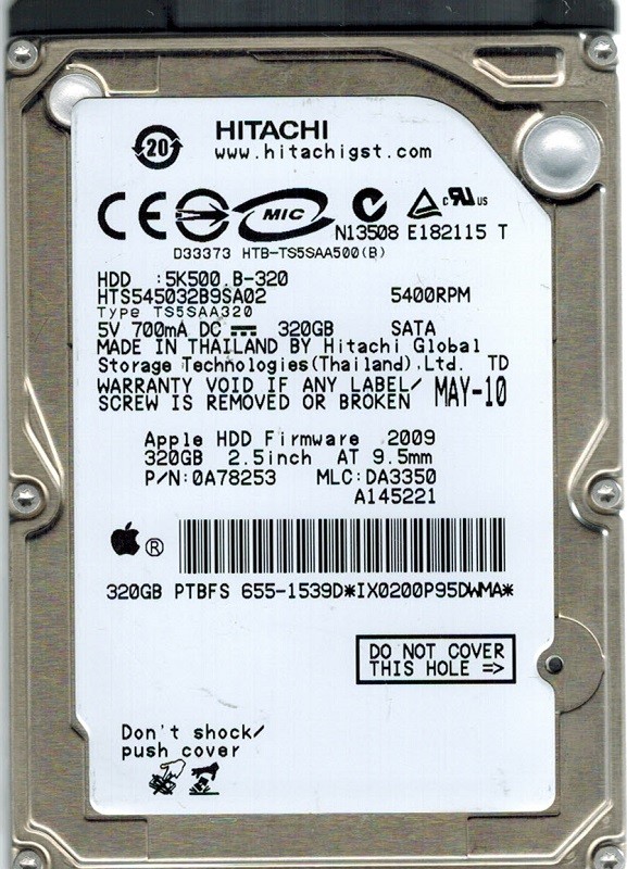 Hitachi HTS545032B9SA02 P/N: 0A78253 MLC: DA3350 MAC 320GB APPLE