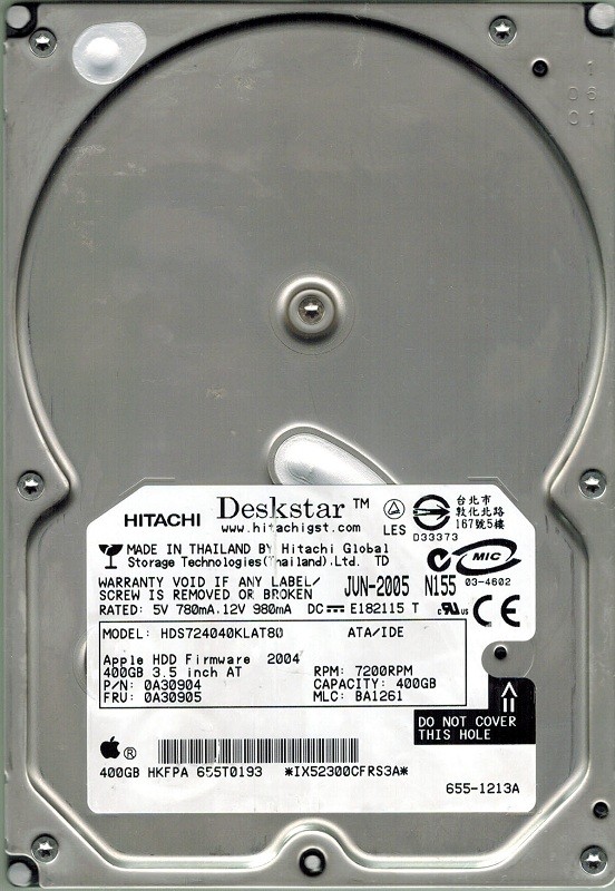 Hitachi HDS724040KLAT80 MAC 400GB P/N: 0A30904 MLC: BA1261 APPLE