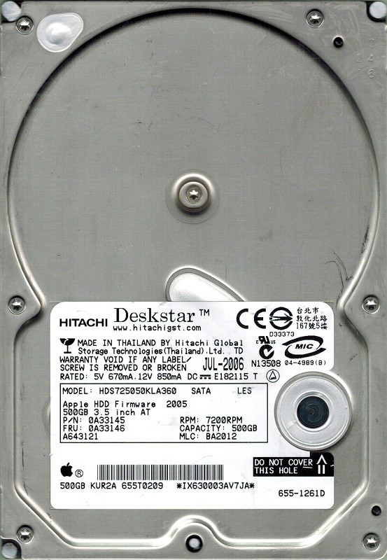 Hitachi HDS725050KLA360 MAC P/N: 0A33145 500GB MLC: BA2012 APPLE