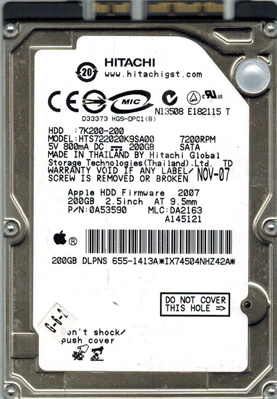 Hitachi HTS722020K9SA00 P/N: 0A53590 MLC: DA2163 200GB