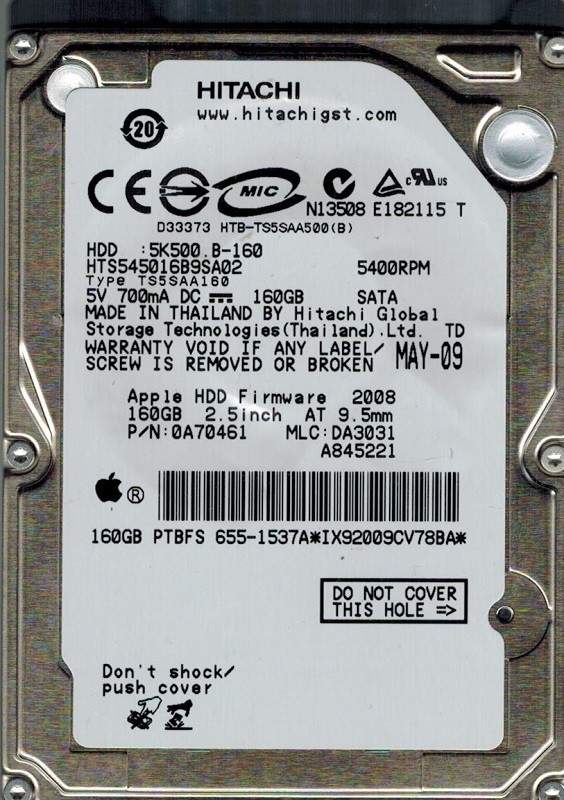 Hitachi HTS545016B9SA02 P/N: 0A70461 MLC: DA3031 MAC 160GB APPLE