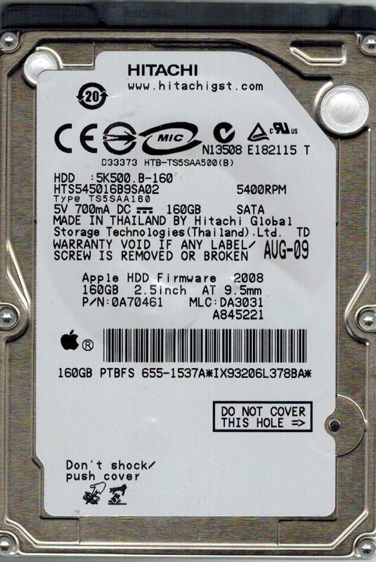 Hitachi HTS545016B9SA02 MLC: DA3031 P/N: 0A70461 MAC 160GB APPLE