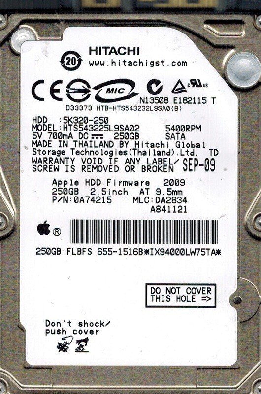 Hitachi HTS543225L9SA02 P/N: 0A74215 MLC: DA2834 MAC 250GB APPLE