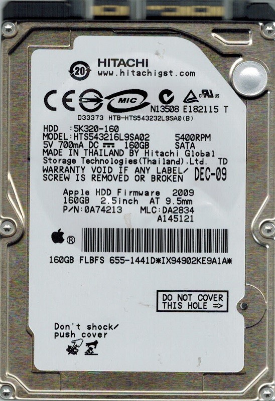 Hitachi HTS543216L9SA02 MAC P/N: 0A74213 160GB MLC: DA2834 APPLE