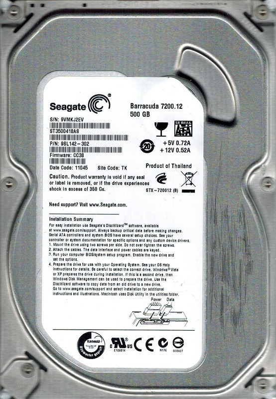 Seagate ST3500418AS F/W: CC38 P/N: 9SL142-302 TK 500GB