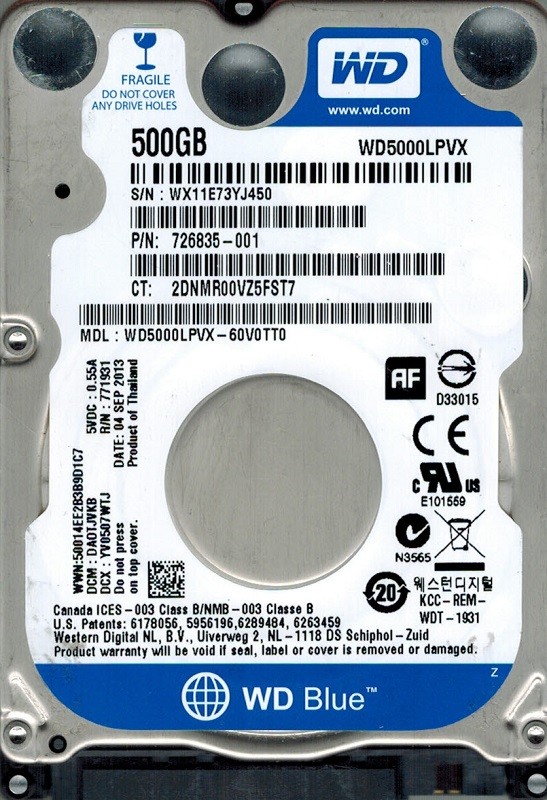 Western Digital WD5000LPVX-60V0TT0 500GB DCM: DA0TJVKB