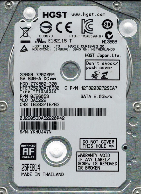 HGST HTE725032A7E630 P/N: 0J26053 MLC: DA5222 320GB