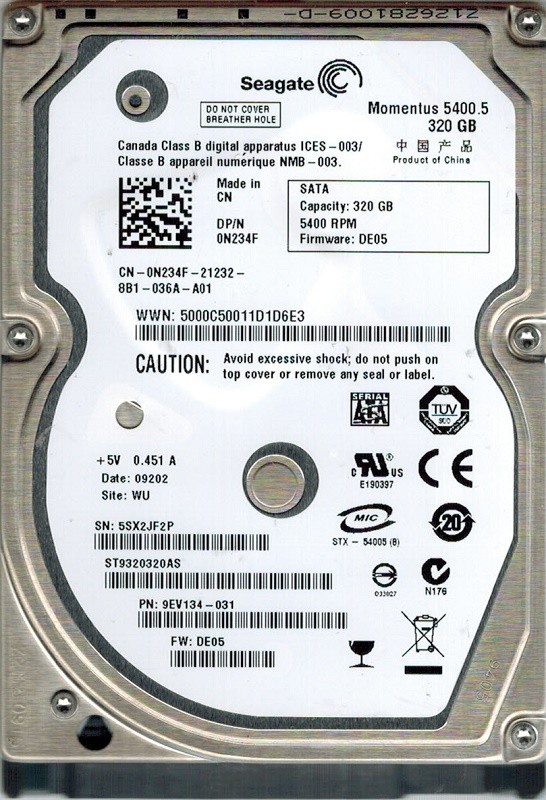 Seagate ST9320320AS P/N: 9EV134-031 F/W: DE05 WU 320GB