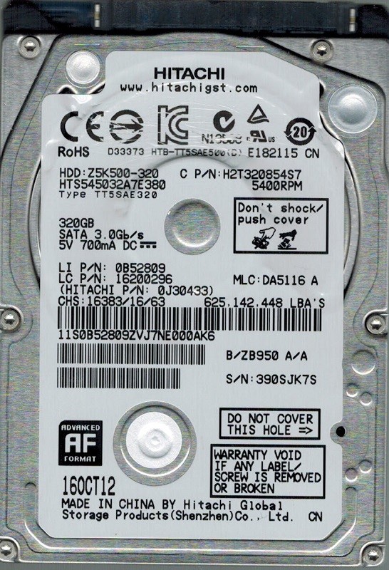 Hitachi HTS545032A7E380 MLC: DA5116 P/N: 0J30433 320GB 