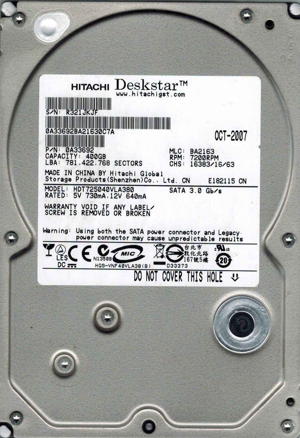 Hitachi HDT725040VLA380 P/N: 0A33692 MLC: BA2163 400GB SATA