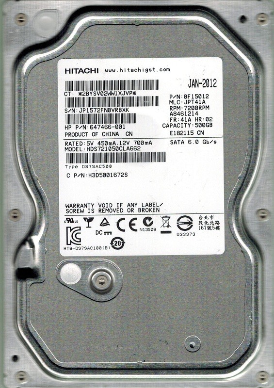 Hitachi HDS721050CLA662 P/N: 0F15012 MLC: JPT41A 500GB