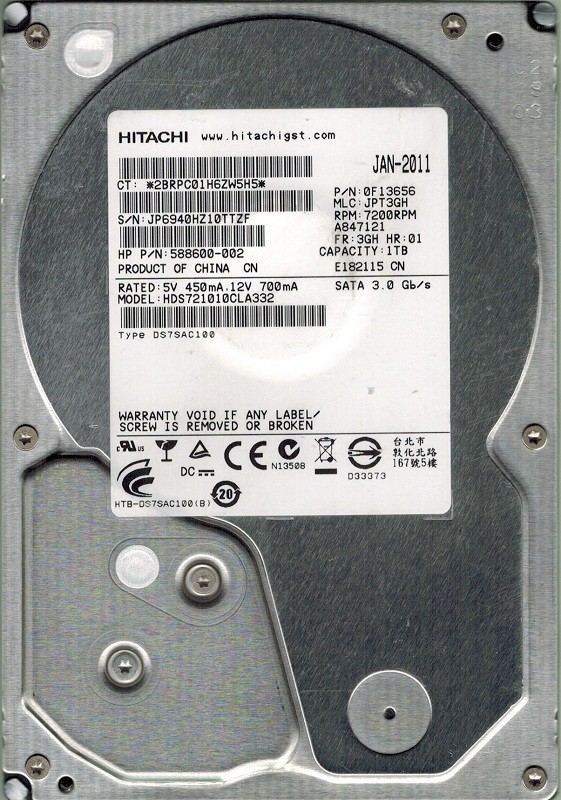 Hitachi HDS721010CLA332 1TB P/N: 0F13656 MLC: JPT3GH