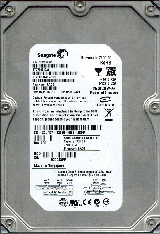 Seagate ST3750640AS P/N: 9BJ148-033 F/W: 3.ADE 750GB AMK