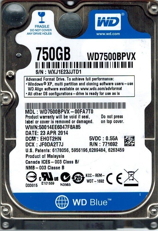 Western Digital WD7500BPVX-00FA7T0 750GB DCM: EHOT2HN