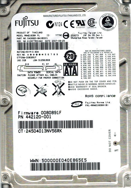 Fujitsu MHW2160BH 160GB P/N: CA06820-B41800C1 DATE: 2007-09-25