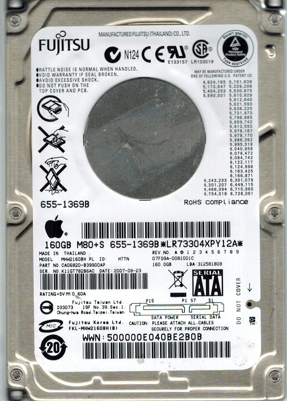 Fujitsu MHW2160BH MAC 160GB P/N: CA06820-B39900AP DATE: 2007-08-23 APPLE