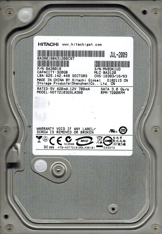Hitachi HDT721032SLA360 MLC: BA3120 P/N: 0A38018 320GB