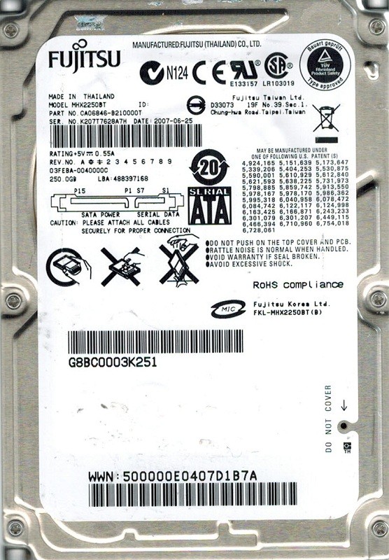 Fujitsu MHX2250BT 250GB P/N: CA06846-B210000T DATE: 2007-06-25