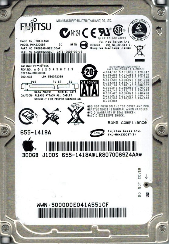 Fujitsu MHX2300BT P/N: CA06846-B22100AP MAC 300GB APPLE 2008-02-16
