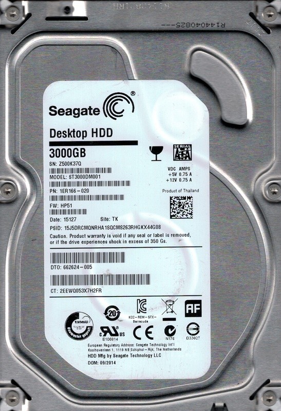 Seagate ST3000DM001 P/N: 1ER166-020 F/W: HP51 3TB TK