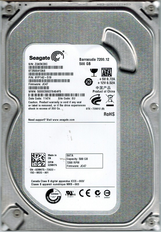 ST3500413AS P/N: 9YP142-519 F/W: JC47 Seagate 500GB SU