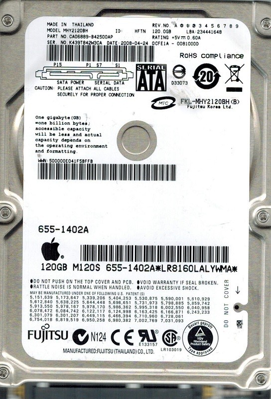 Fujitsu MHY2120BH MAC 120GB P/N: CA06889-B42500AP DATE: 2008-04-24 APPLE