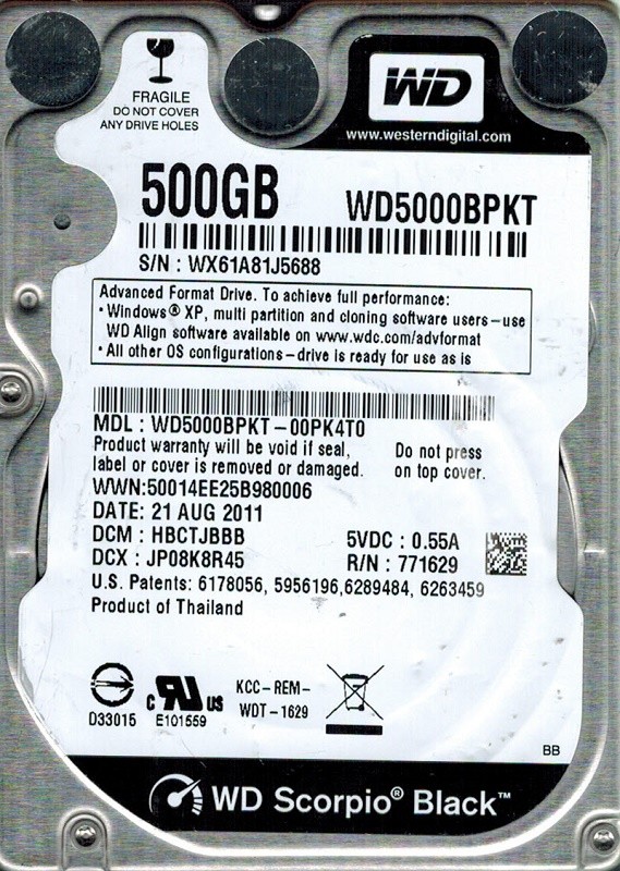 Western Digital WD5000BPKT-00PK4T0  DCM: HBCTJBBB 500GB