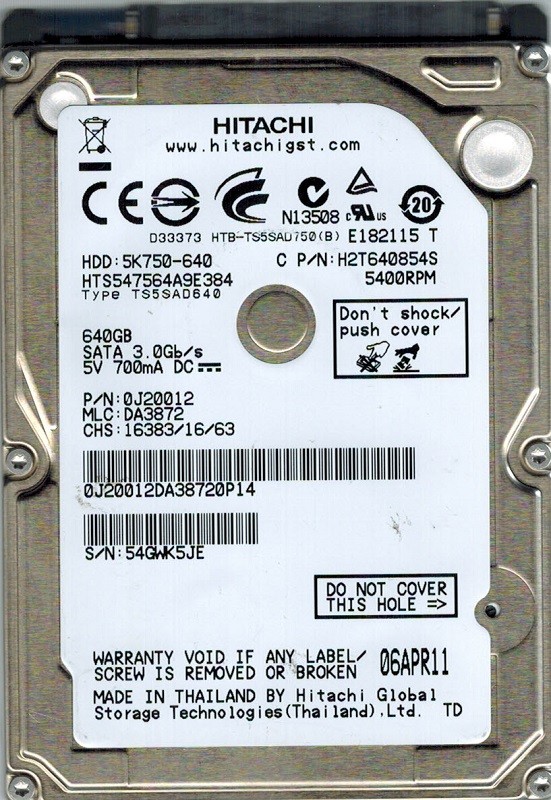 Hitachi HTS547564A9E384 640GB P/N: 0J20012 MLC: DA3872