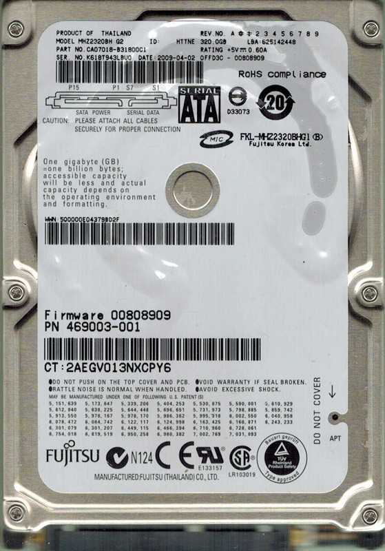 Fujitsu MHZ2320BH 320GB P/N: CA07018-B31800C1 DATE: 2009-04-02