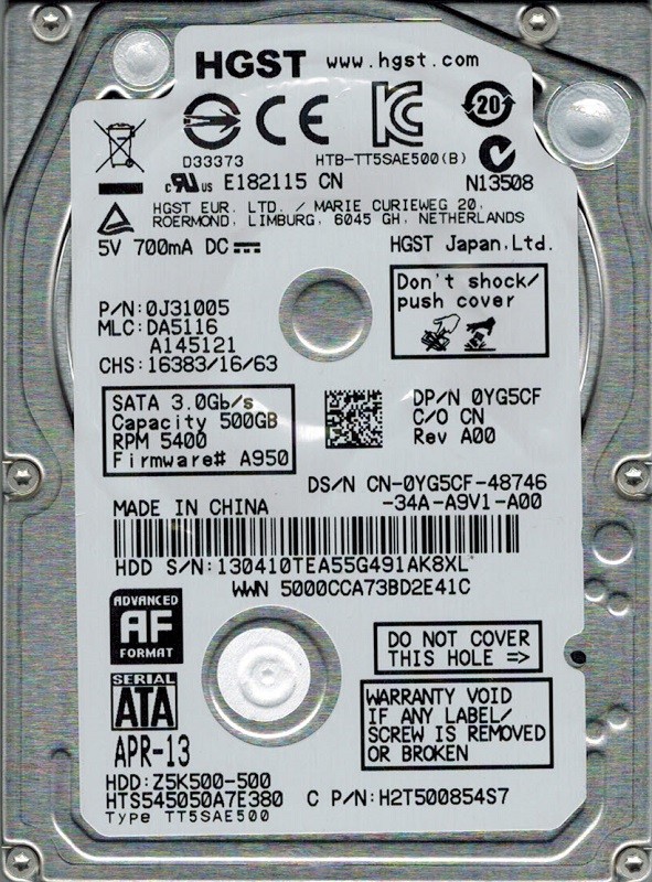 Hitachi HTS545050A7E380 P/N: 0J31005 MLC: DA5116 500GB