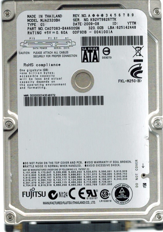 Fujitsu MJA2320BH 320GB P/N: CA07083-B44600SN DATE: 2009-08