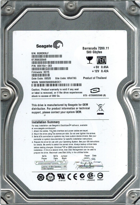 Seagate ST3500320AS 500GB P/N: 9BX154-303 F/W: SD15 KRATSG