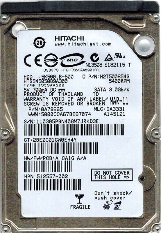 Hitachi HTS545050B9A300 P/N: 0A78265 MLC: DA3331 500GB