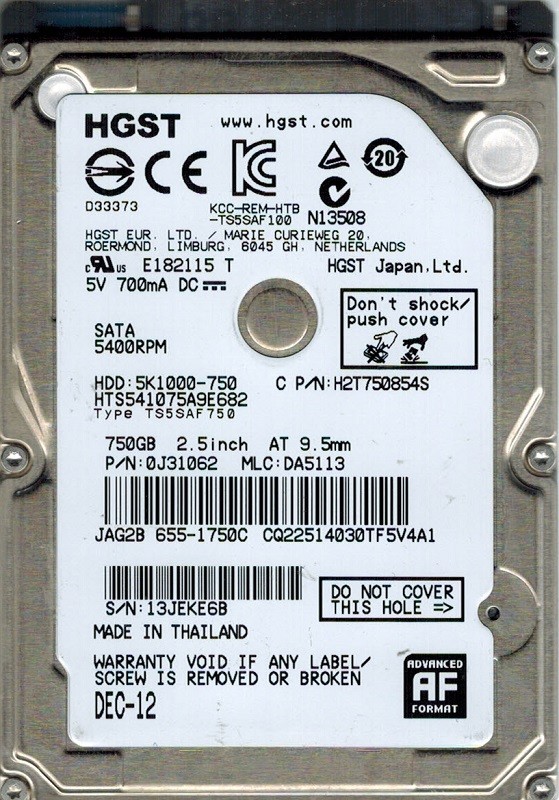 Hitachi HTS541075A9E682 P/N: 0J31062 MLC: DA5113 750GB MAC 655-1750C Thailand