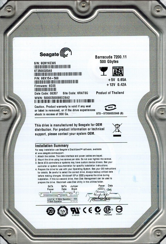 Seagate ST3500320AS P/N: 9BX154-568 F/W: SD35 KRATSG 500GB
