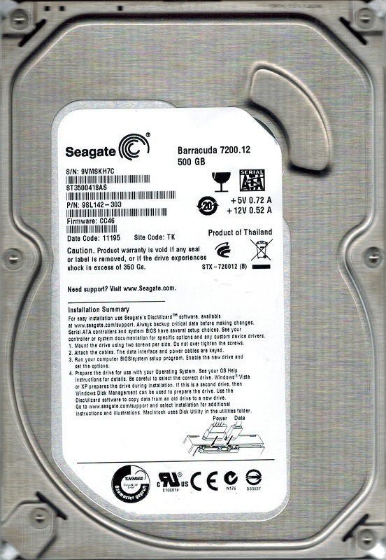 Seagate ST3500418AS F/W: CC46 P/N: 9SL142-303 TK 500GB