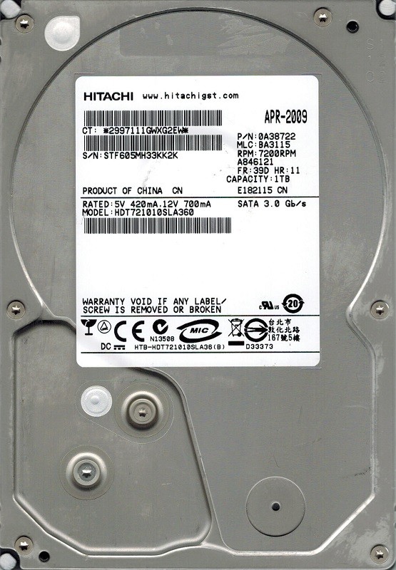 Hitachi HDT721010SLA360 P/N: 0A38722 MLC: BA3115 1TB