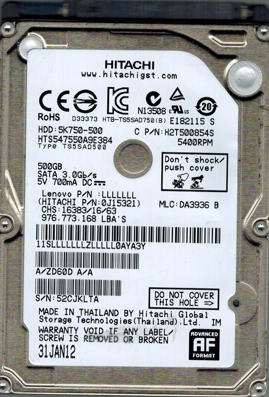Hitachi HTS547550A9E384 P/N: 0J15321 MLC: DA3936 500GB
