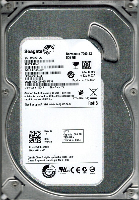 Seagate ST3500418AS P/N: 9SL142-033 F/W: CC44 500GB TK